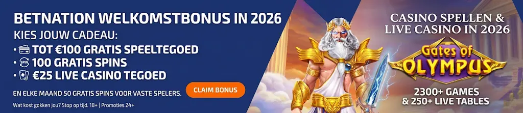 Promo banner met Betnation bonus code voor welkomstbonus in 2026
